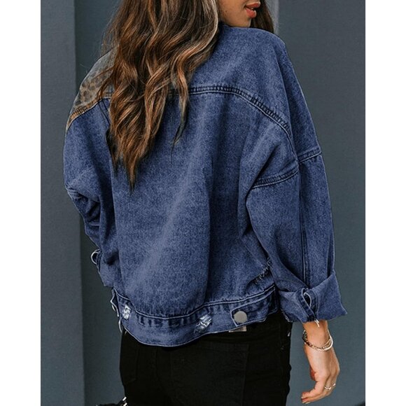 Women's Loose Button Down Cropped Denim Jacket Long Sleeves Cheetah Dark Blue - Picture 4 of 4